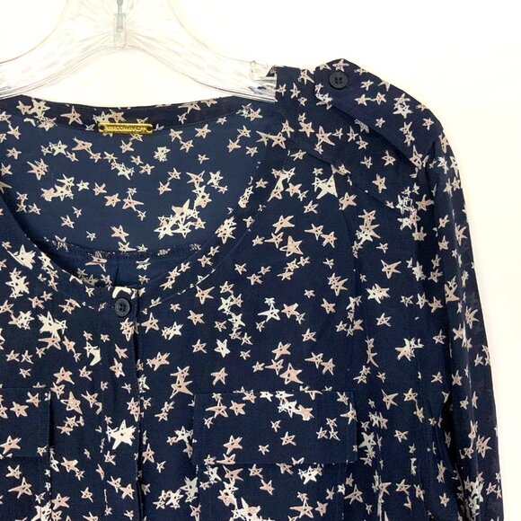 Rebecca Minkoff Silk Star Print Navy Blouse Career Size L - Picture 12 of 16